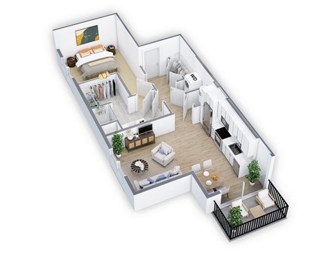 Floor plan for 1 bed, 1 bath, 727 sqft